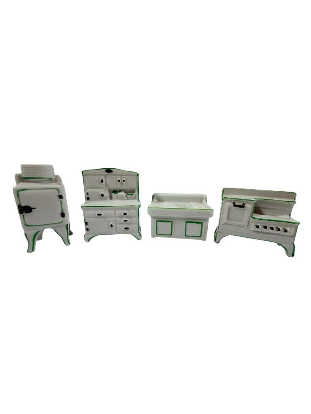 Vintage 4 Miniature Ceramic Kitchen Dollhouse Furniture White Green Japan